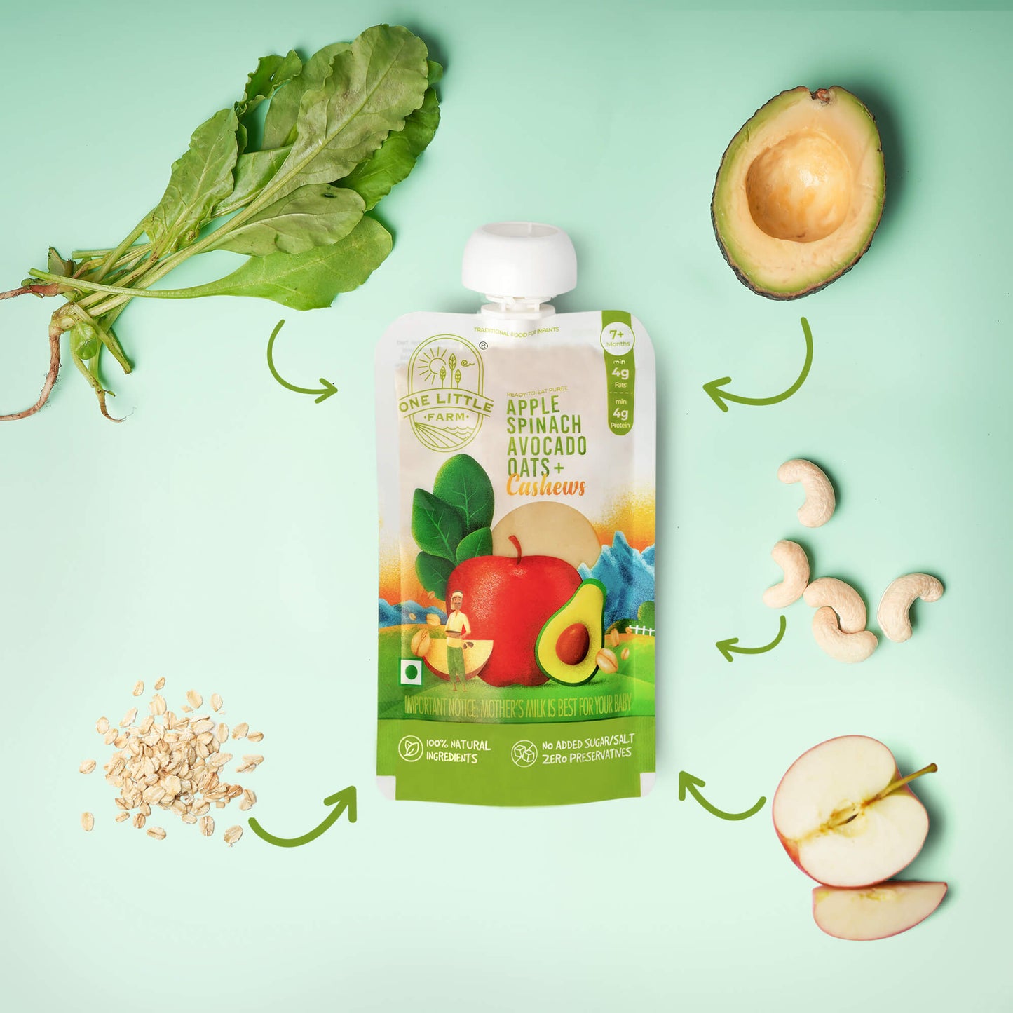 Apple, Spinach, Avocado, Oats, Cashews